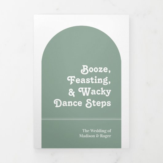 Invitation Trois Volets Sage Green Retro Boho Arch Photo QR Code Mariage (Page de couverture)