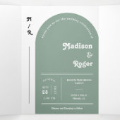 Invitation Trois Volets Sage Green Retro Boho Arch Photo QR Code Mariage (Intérieur au milieu)