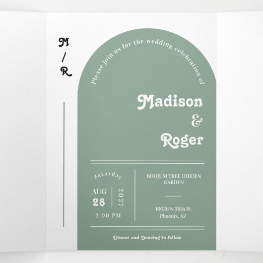 Invitation Trois Volets Sage Green Retro Boho Arch Photo QR Code Mariage (Intérieur au milieu)