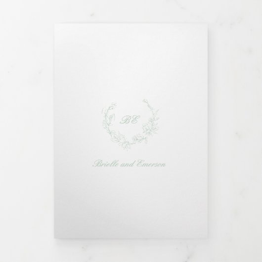 Invitation Trois Volets Sage Green Wreath Monogramme Mariage élégant (Page de couverture)