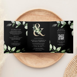 Invitation Trois Volets Sage Greenery Or Ampersand Code QR Noir Mariage