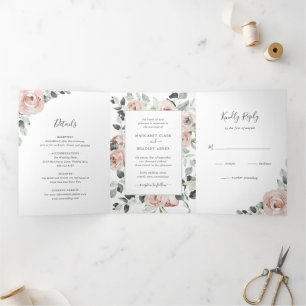 Invitation Trois Volets Sage Greenery Photo Rose Poussiéreuse Rose Florale