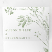 Invitation Trois Volets Sage vert ligne art fleurs photo mariage (Intérieur en premier)