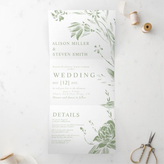 Invitation Trois Volets Sage vert ligne art fleurs photo mariage (Intérieur)