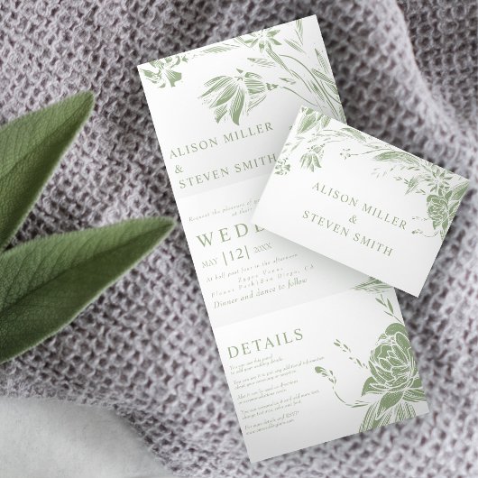 Invitation Trois Volets Sage vert ligne art fleurs photo mariage