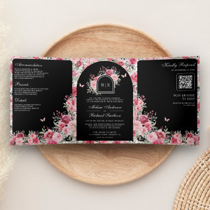 Invitation Trois Volets Saint-Valentin Roses Roses Papillon Mariage Noir