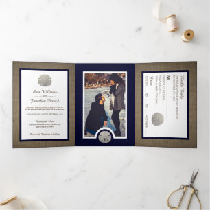 Invitation Trois Volets Sand Dollars & Burlap Navy Beach Wedding Suite