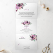 Invitation Trois Volets Sangria mauve Aquarelle Fleurs vert (Intérieur)