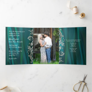 Invitation Trois Volets Satin turquoise avec Mariage Peacock
