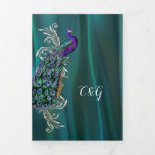 Invitation Trois Volets Satin turquoise avec Mariage Peacock (Page de couverture)