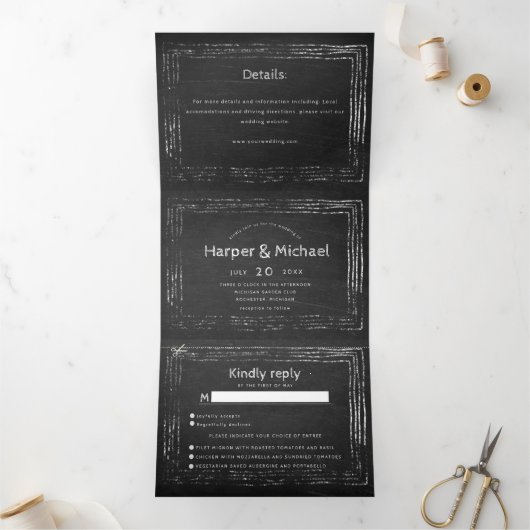 Invitation Trois Volets Script de tableau de bord rustique tout en un mari (Intérieur)