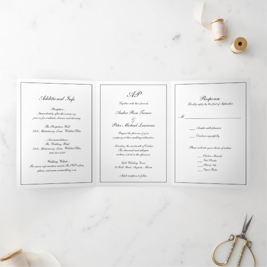 Invitation Trois Volets Script formel Monogramme noir blanc élégant mariag (Intérieur)