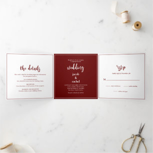 Invitation Trois Volets Script minimaliste Bourgogne Mariage rouge foncé
