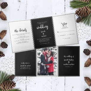 Invitation Trois Volets Script minimaliste Mariage noir et blanc