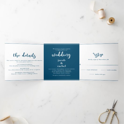 Invitation Trois Volets Script minimaliste Ocean Blue & White Mariage (Intérieur)