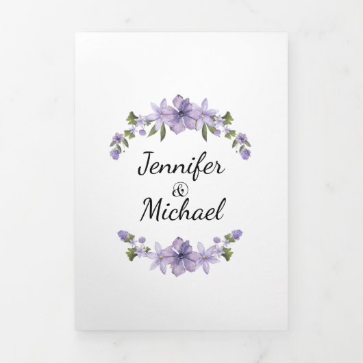 Invitation Trois Volets script moderne violet floral photo mariage élégant (Page de couverture)