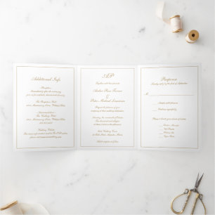 Invitation Trois Volets Script officiel Monogramme Or Mariage élégant