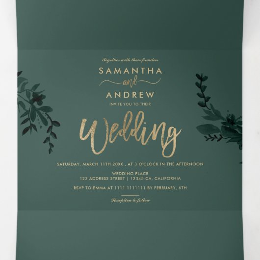 Invitation Trois Volets Script or chic Floral vert élégant mariage (Intérieur au milieu)