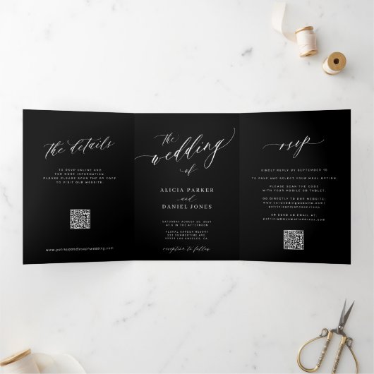 Invitation Trois Volets Script simple et élégant RSVP QR mariage noir (Intérieur)