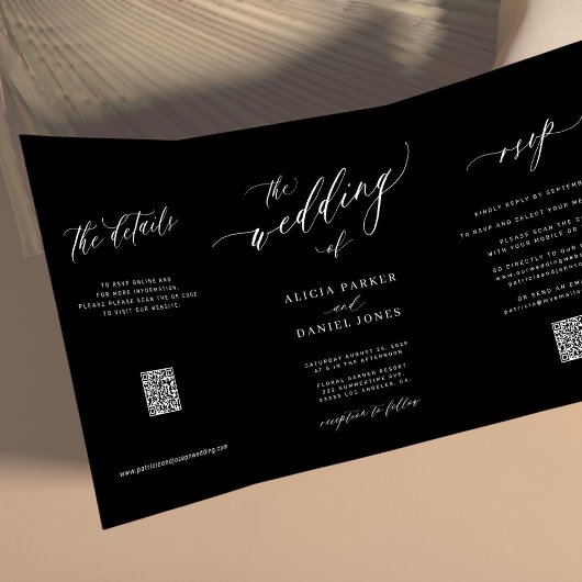 Invitation Trois Volets Script simple et élégant RSVP QR mariage noir