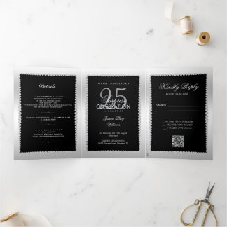 Invitation Trois Volets Silver Black Photo, QR Code 25th Surprise Birthday
