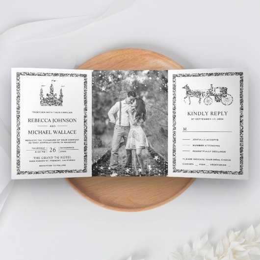 Invitation Trois Volets Silver Fairytale Castle Princess Carriage Mariage