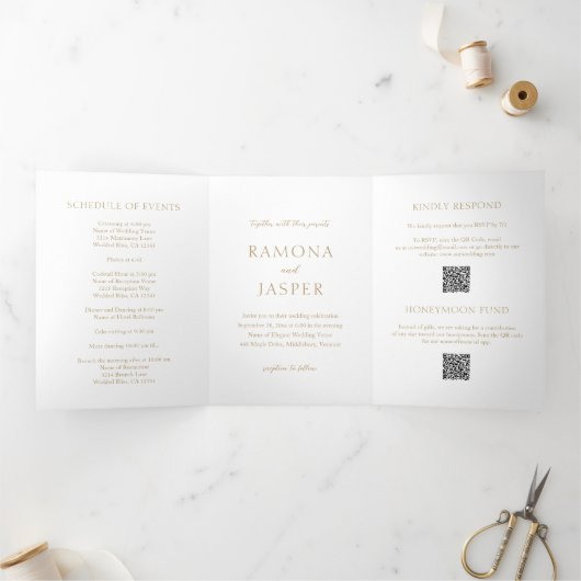 Invitation Trois Volets Simple Gold Bold QR Code moderne Mariage (Intérieur)