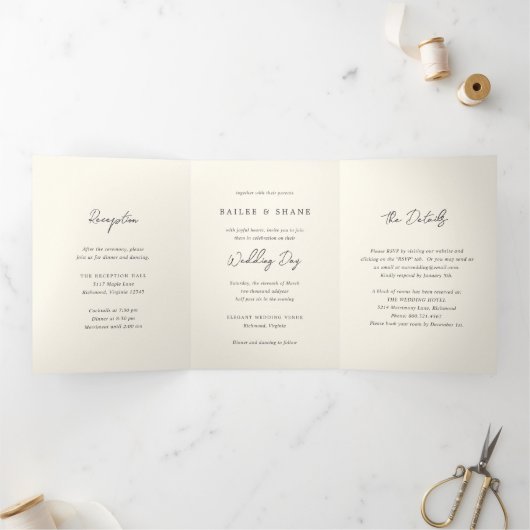 Invitation Trois Volets Simple Mariage Crème Moderne (Intérieur)