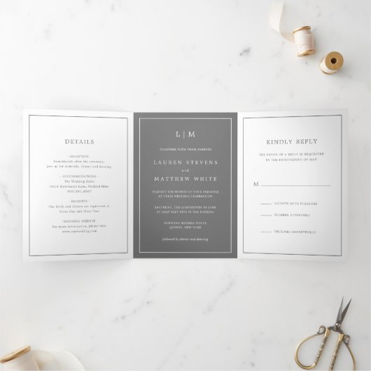 Invitation Trois Volets Simple Mariage Élégant Monogramme Gris Foncé (Intérieur)