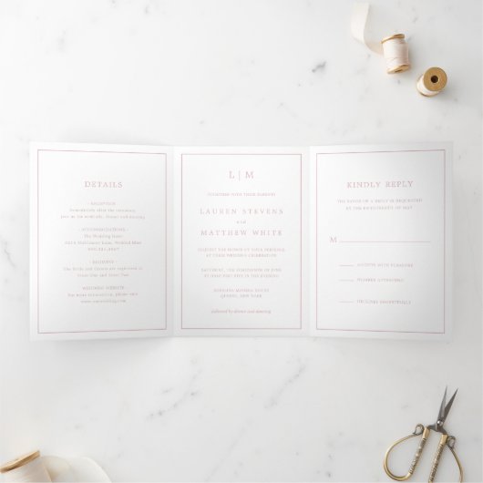 Invitation Trois Volets Simple Mariage Élégant Monogramme Rose Clair (Intérieur)
