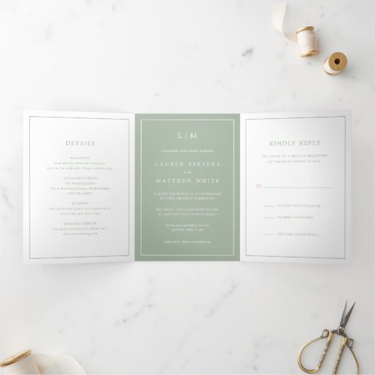 Invitation Trois Volets Simple Mariage Élégant Monogramme Vert Sauge (Intérieur)