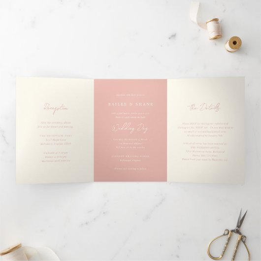 Invitation Trois Volets Simple Mariage Moderne aux Pêches (Intérieur)