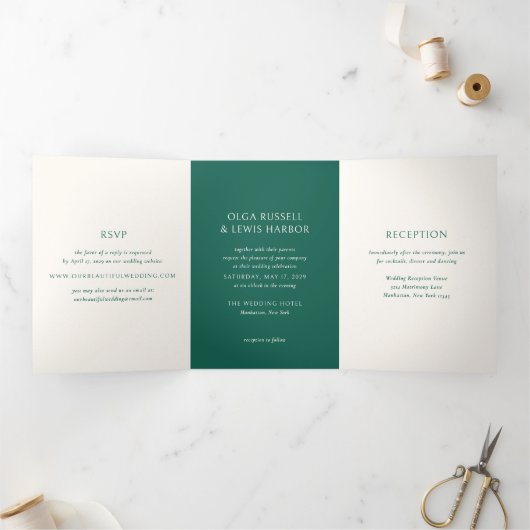 Invitation Trois Volets Simple Mariage Moderne Vert Émeraude (Intérieur)
