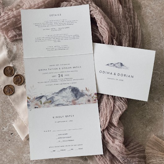 Invitation Trois Volets Simple Mariage photo Floral Mountain tout en un