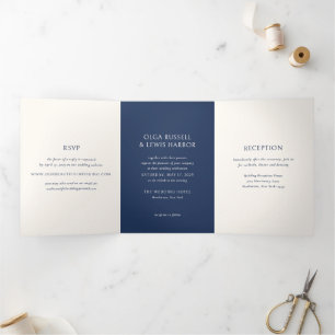 Invitation Trois Volets Simple marine et crème Mariage moderne