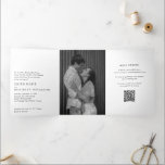 Invitation Trois Volets Simple Modern QR Code Photo Elegant Wedding<br><div class="desc">Elegant black and white trifold wedding invitation featuring a simple and minimal layout with traditional wording. The left alignment gives this classic style wedding invitation a modern element. The middle has your favorite photo and the right panel has your QR Code so guests can RSVP online. If you prefer, the...</div>