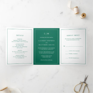 Invitation Trois Volets Simple Monogramme Vert Émeraude Élégant Mariage