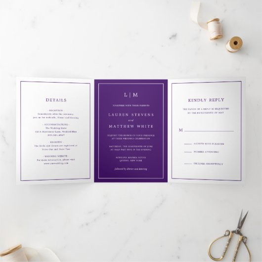 Invitation Trois Volets Simple Monogramme Violet Élégant Mariage (Intérieur)