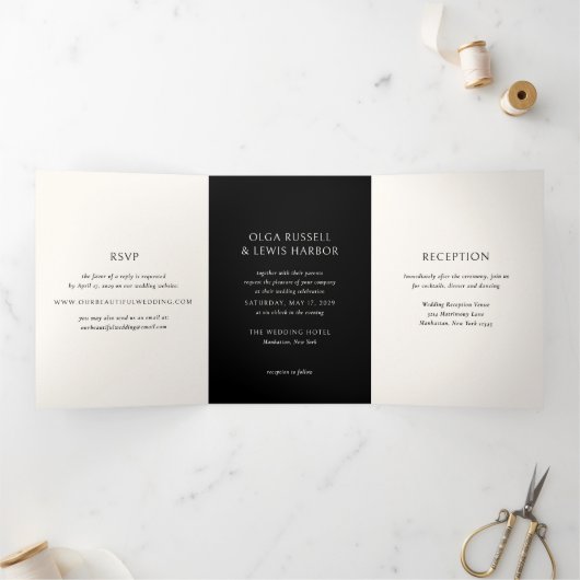 Invitation Trois Volets Simple Noir Mariage moderne (Intérieur)