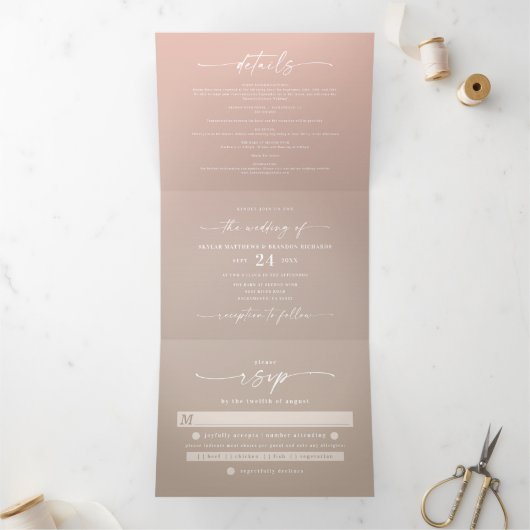 Invitation Trois Volets Simple Taupe Beige & Blush Pink Ombre Mariage (Intérieur)