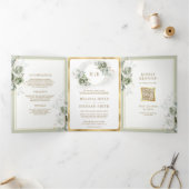 Invitation Trois Volets Soft Sage Vert Floral Or tout en un Mariage (Intérieur)