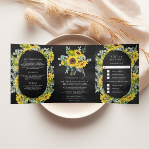 Invitation Trois Volets Soleils Rustiques Eucalyptus 3 en 1 Mariage Noir