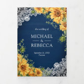 Invitation Trois Volets Soleils Rustiques Mariage Code QR Bois Bleu Marine (Page de couverture)