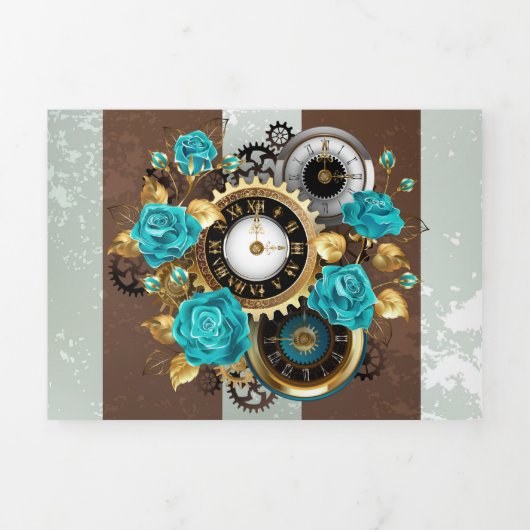 Invitation Trois Volets Steampunk Clock and Turquoise Roses on Striped (Page de couverture)