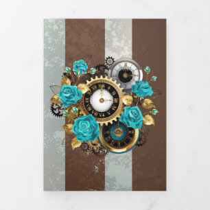 Invitation Trois Volets Steampunk Clock and Turquoise Roses on Striped