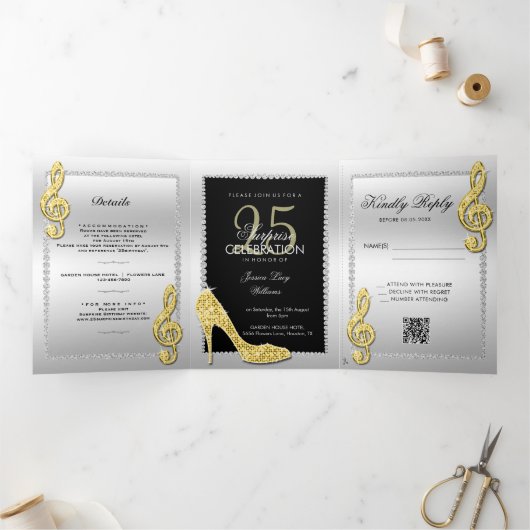 Invitation Trois Volets Stiletto, Photo, QR Code 25e anniversaire surprise (Intérieur)