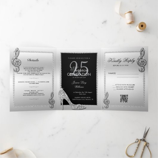 Invitation Trois Volets Stiletto, Photo, QR Code 25e anniversaire surprise (Intérieur)