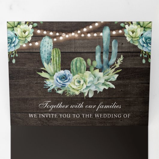 Invitation Trois Volets Succulent verdure Cactus Bois QR Code Mariage (Intérieur en premier)