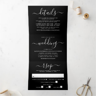 Invitation Trois Volets Suite de Mariage de script simple en noir et blanc