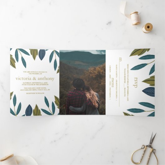 Invitation Trois Volets Suite de Mariage Floral Feuille Rustique (Intérieur)